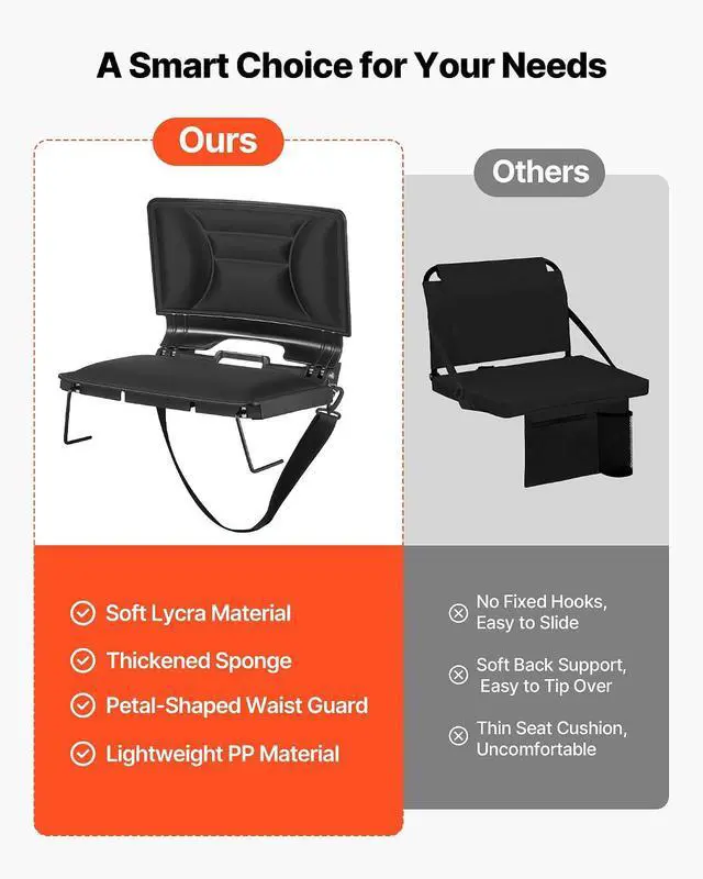 Alt view image 5 of 7 - Stadium Seat, Folding Bleacher Chair with Back Support and Thick Cushion, Padded Stadium Seat for Bleacher Includes Shoulder Strap, Hooks, Cup Holder, Lycra Material, Side Pocket, PP Material