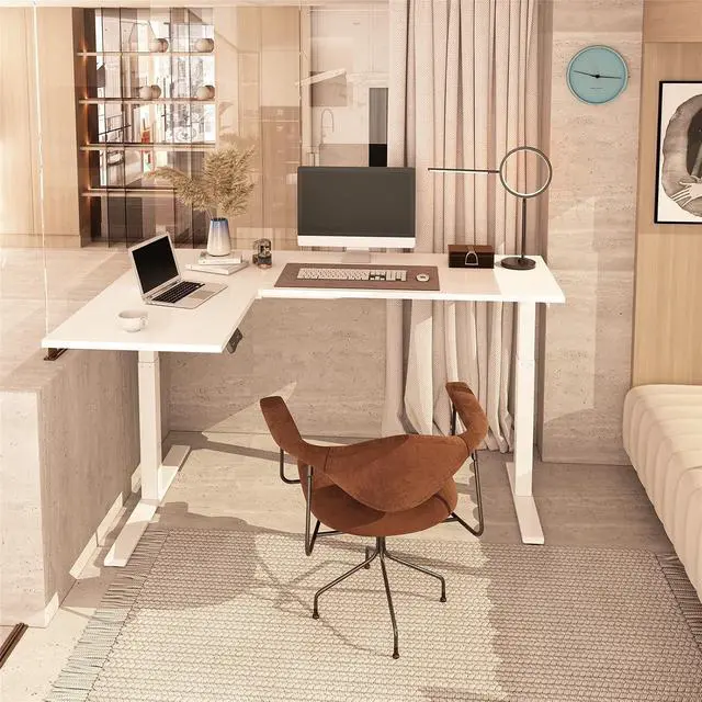 Alt view image 2 of 6 - Corner Dual Motor L Shaped Computer Electric Standing Desk Sit Stand Up Height Adjustable Desk Home Office Table, White Frame Only