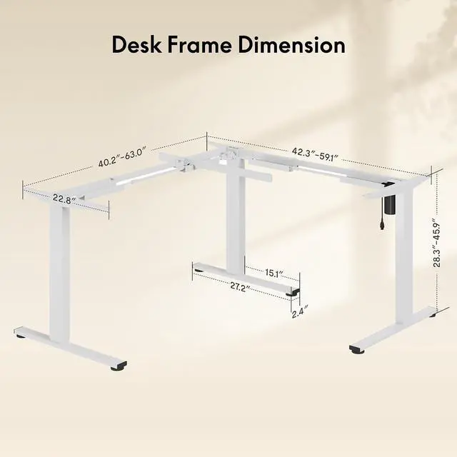 Alt view image 4 of 6 - Electric Height Adjustable Standing L Shaped Corner 3 Legs Ergonomic Sit Stand Desk Frame for Home and Office, White