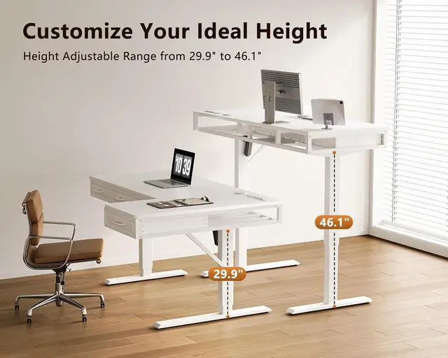 Alt view image 5 of 7 - L Shaped Electric Standing Desk with Wooden Drawers, 55 Inch Height Adjustable Corner Workstation with Power Outlets, Sit Stand Table for Home, Office, White