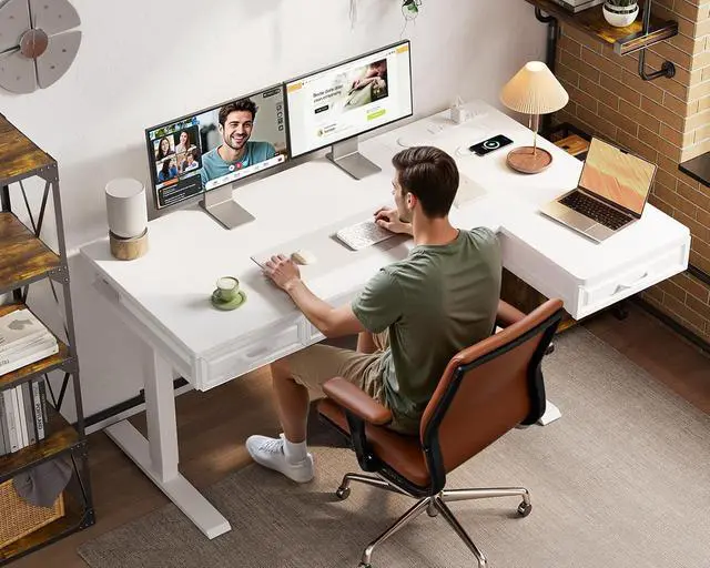 Alt view image 2 of 7 - L Shaped Electric Standing Desk with Wooden Drawers, 55 Inch Height Adjustable Corner Workstation with Power Outlets, Sit Stand Table for Home, Office, White