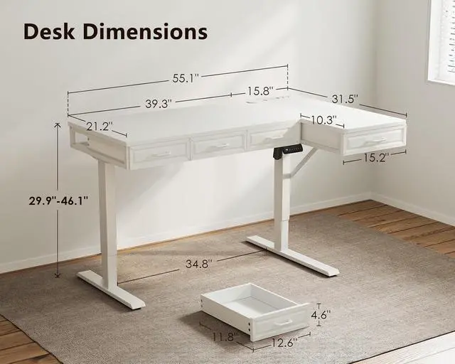 Alt view image 3 of 7 - L Shaped Electric Standing Desk with Wooden Drawers, 55 Inch Height Adjustable Corner Workstation with Power Outlets, Sit Stand Table for Home, Office, White