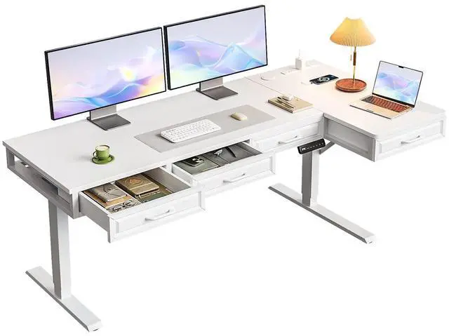 Main image of L Shaped Electric Standing Desk with Wooden Drawers, 63 Inch Height Adjustable Corner Workstation with Power Outlets, Sit Stand Table for Home, Office, White