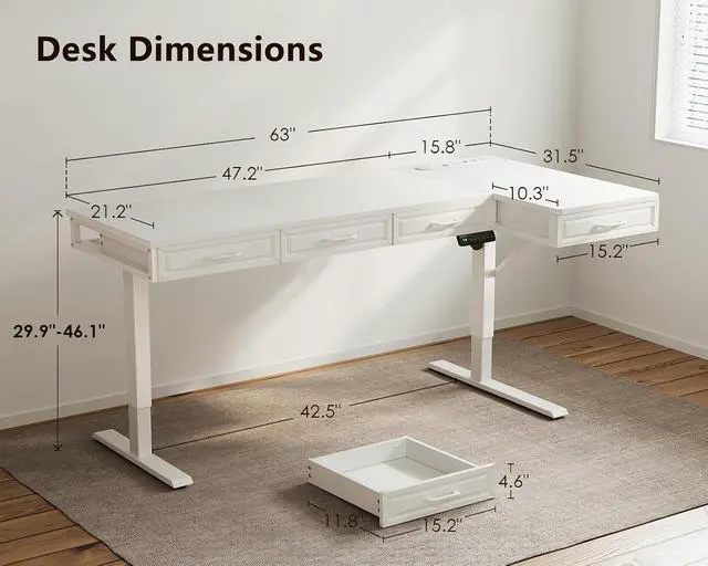 Alt view image 3 of 7 - L Shaped Electric Standing Desk with Wooden Drawers, 63 Inch Height Adjustable Corner Workstation with Power Outlets, Sit Stand Table for Home, Office, White