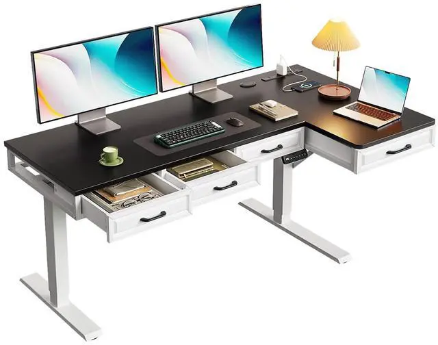 Main image of L Shaped Electric Standing Desk with Wooden Drawers, 55 Inch Height Adjustable Corner Workstation with Power Outlets, Sit Stand Table for Home, Office, White+Black