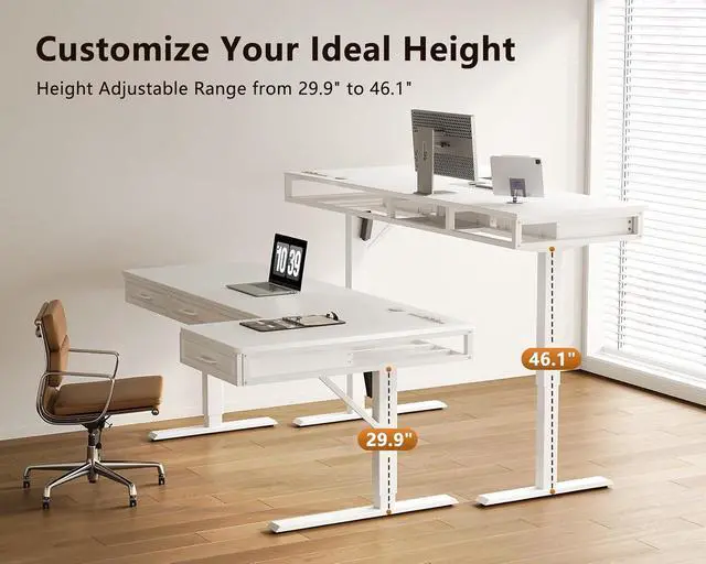 Alt view image 5 of 7 - L Shaped Electric Standing Desk with Wooden Drawers, 63 Inch Height Adjustable Corner Workstation with Power Outlets, Sit Stand Table for Home, Office, White