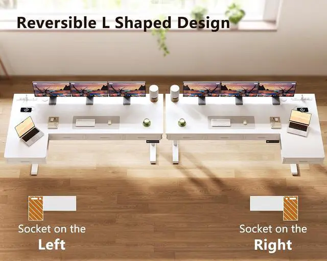 Alt view image 6 of 7 - L Shaped Electric Standing Desk with Wooden Drawers, 63 Inch Height Adjustable Corner Workstation with Power Outlets, Sit Stand Table for Home, Office, White