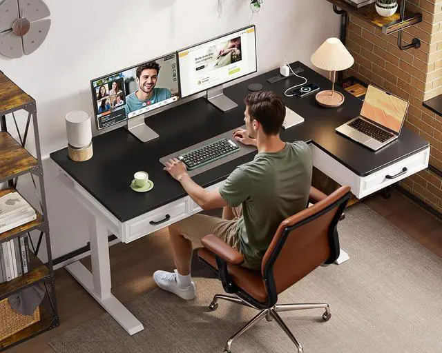 Alt view image 2 of 7 - L Shaped Electric Standing Desk with Wooden Drawers, 55 Inch Height Adjustable Corner Workstation with Power Outlets, Sit Stand Table for Home, Office, White+Black
