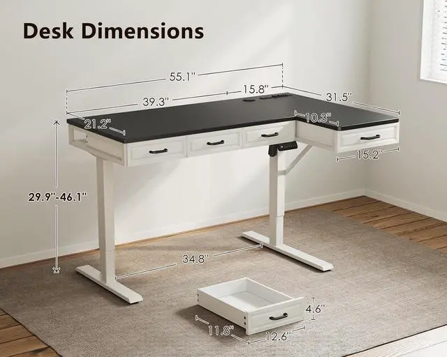 Alt view image 3 of 7 - L Shaped Electric Standing Desk with Wooden Drawers, 55 Inch Height Adjustable Corner Workstation with Power Outlets, Sit Stand Table for Home, Office, White+Black