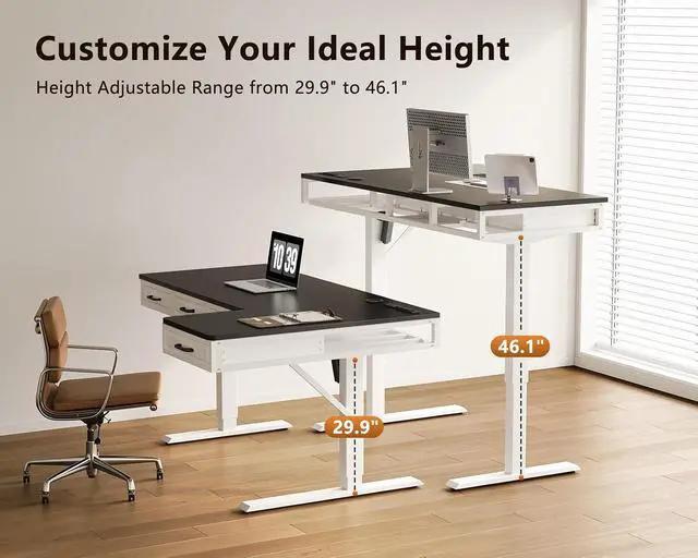 Alt view image 5 of 7 - L Shaped Electric Standing Desk with Wooden Drawers, 55 Inch Height Adjustable Corner Workstation with Power Outlets, Sit Stand Table for Home, Office, White+Black