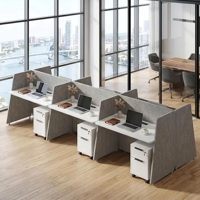 Main image of 6-Person Modular Cubicle Desk Workstation | with Built-in Power & Mobile Storage, Acoustic Privacy Panels | Sleek, Scalable Layout for Modern Teams (White, 6 Person cubicles)
