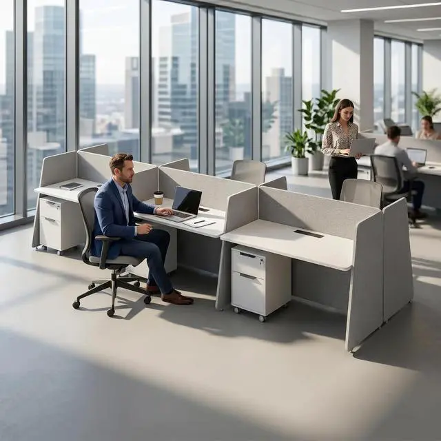 Alt view image 3 of 7 - 6-Person Modular Cubicle Desk Workstation | with Built-in Power & Mobile Storage, Acoustic Privacy Panels | Sleek, Scalable Layout for Modern Teams (White, 6 Person cubicles)