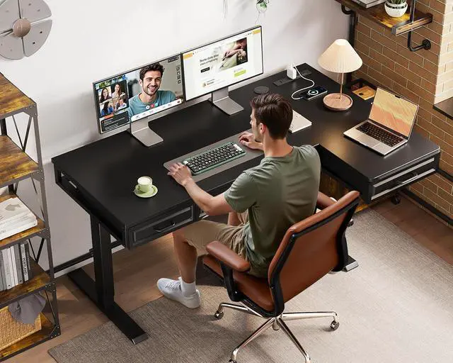 Alt view image 2 of 7 - L Shaped Electric Standing Desk with Wooden Drawers, 55 Inch Height Adjustable Corner Workstation with Power Outlets, Sit Stand Table for Home, Office, Black