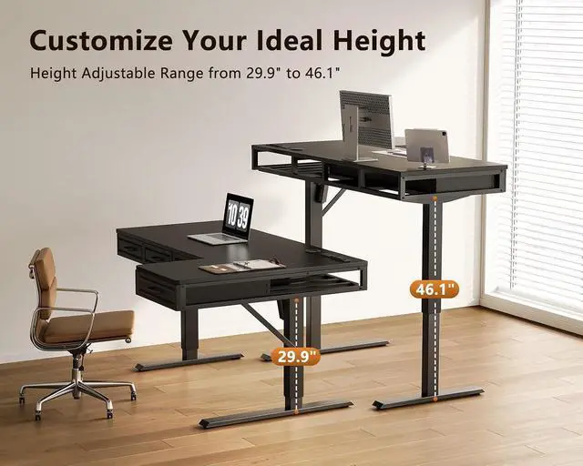 Alt view image 5 of 7 - L Shaped Electric Standing Desk with Wooden Drawers, 55 Inch Height Adjustable Corner Workstation with Power Outlets, Sit Stand Table for Home, Office, Black