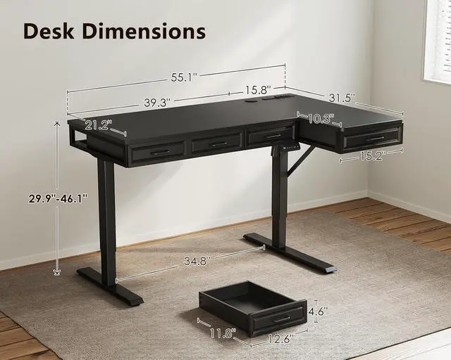 Alt view image 3 of 7 - L Shaped Electric Standing Desk with Wooden Drawers, 55 Inch Height Adjustable Corner Workstation with Power Outlets, Sit Stand Table for Home, Office, Black