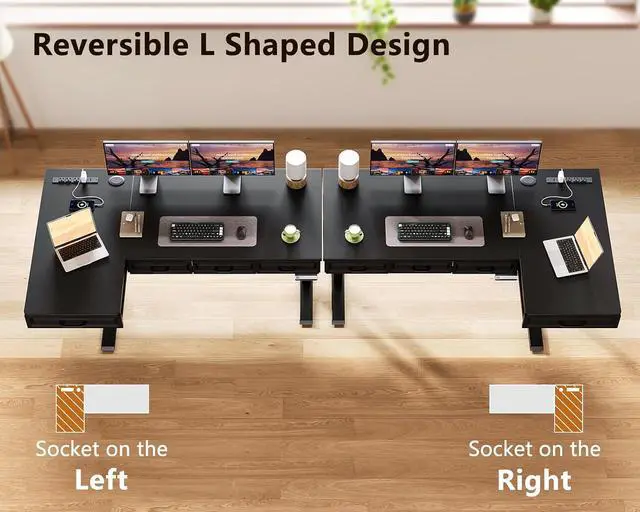 Alt view image 6 of 7 - L Shaped Electric Standing Desk with Wooden Drawers, 55 Inch Height Adjustable Corner Workstation with Power Outlets, Sit Stand Table for Home, Office, Black