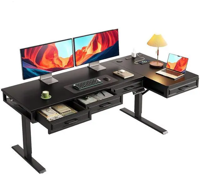 Main image of L Shaped Electric Standing Desk with Wooden Drawers, 63 Inch Height Adjustable Corner Workstation with Power Outlets, Sit Stand Table for Home, Office, Black