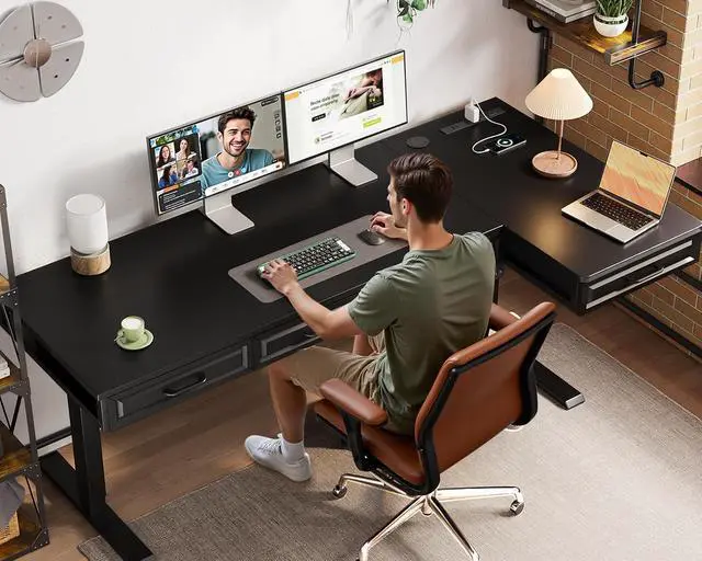 Alt view image 2 of 7 - L Shaped Electric Standing Desk with Wooden Drawers, 63 Inch Height Adjustable Corner Workstation with Power Outlets, Sit Stand Table for Home, Office, Black