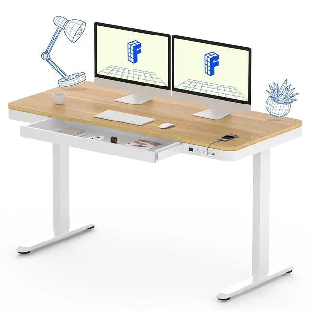 Main image of 55" Electric Standing Desk with Drawers, Quick Assembly Home Office Sit Stand Desk with Storage, USB Charging, Computer Desk for Home Office (Maple Top + White Adjustable Frame, Comhar)