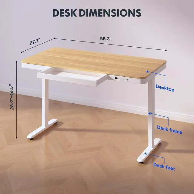 Alt view image 3 of 7 - 55" Electric Standing Desk with Drawers, Quick Assembly Home Office Sit Stand Desk with Storage, USB Charging, Computer Desk for Home Office (Maple Top + White Adjustable Frame, Comhar)