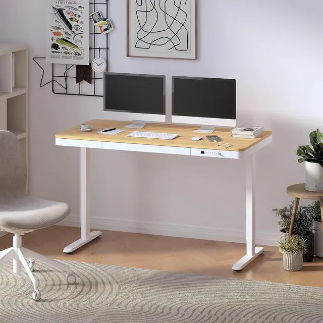 Alt view image 2 of 7 - 55" Electric Standing Desk with Drawers, Quick Assembly Home Office Sit Stand Desk with Storage, USB Charging, Computer Desk for Home Office (Maple Top + White Adjustable Frame, Comhar)