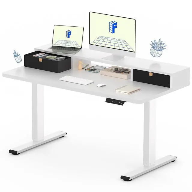 Main image of Electric Standing Desk with Drawer, Solid One-Piece Adjustable Height Desk with Storage Shelf, Ergonomic Monitor Stand for Computer Laptop (White Frame/White Top, 48 inch)
