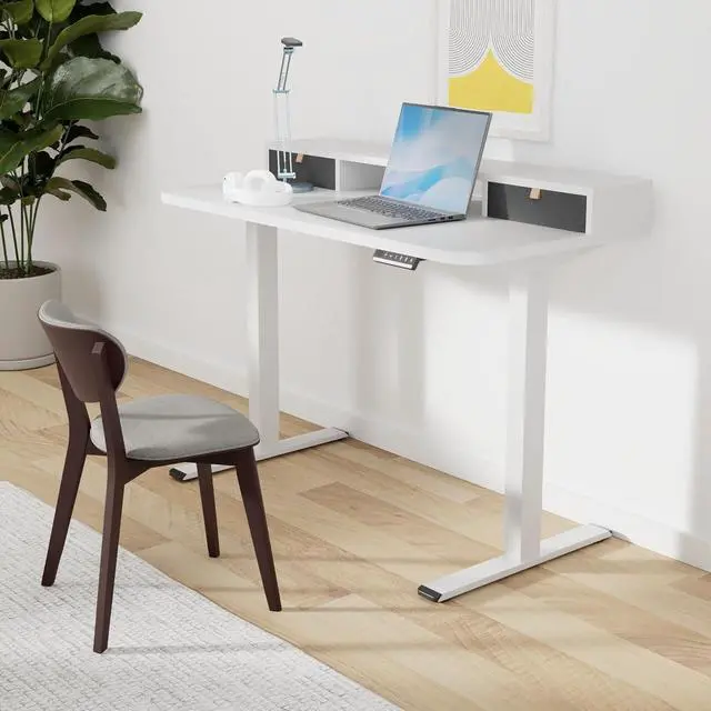 Alt view image 2 of 7 - Electric Standing Desk with Drawer, Solid One-Piece Adjustable Height Desk with Storage Shelf, Ergonomic Monitor Stand for Computer Laptop (White Frame/White Top, 48 inch)
