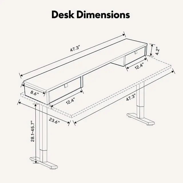 Alt view image 3 of 7 - Electric Standing Desk with Drawer, Solid One-Piece Adjustable Height Desk with Storage Shelf, Ergonomic Monitor Stand for Computer Laptop (White Frame/White Top, 48 inch)