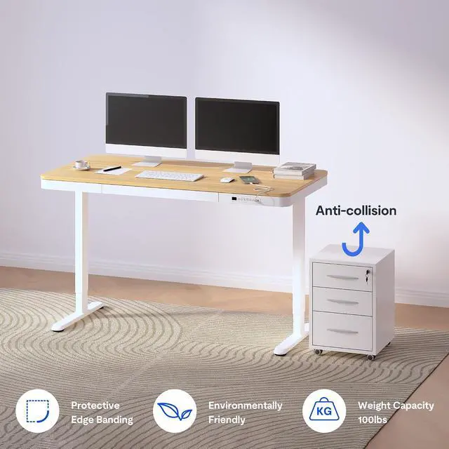 Alt view image 7 of 7 - 55" Electric Standing Desk with Drawers, Quick Assembly Home Office Sit Stand Desk with Storage, USB Charging, Computer Desk for Home Office (Maple Top + White Adjustable Frame, Comhar)
