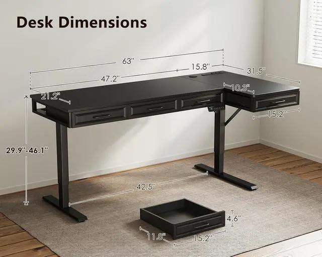 Alt view image 3 of 7 - L Shaped Electric Standing Desk with Wooden Drawers, 63 Inch Height Adjustable Corner Workstation with Power Outlets, Sit Stand Table for Home, Office, Black