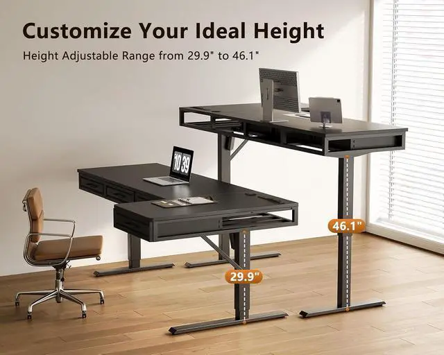 Alt view image 5 of 7 - L Shaped Electric Standing Desk with Wooden Drawers, 63 Inch Height Adjustable Corner Workstation with Power Outlets, Sit Stand Table for Home, Office, Black