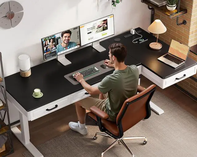 Alt view image 2 of 7 - L Shaped Electric Standing Desk with Wooden Drawers, 63 Inch Height Adjustable Corner Workstation with Power Outlets, Sit Stand Table for Home, Office, White+Black