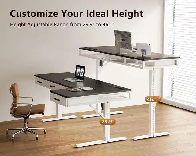 Alt view image 5 of 7 - L Shaped Electric Standing Desk with Wooden Drawers, 63 Inch Height Adjustable Corner Workstation with Power Outlets, Sit Stand Table for Home, Office, White+Black