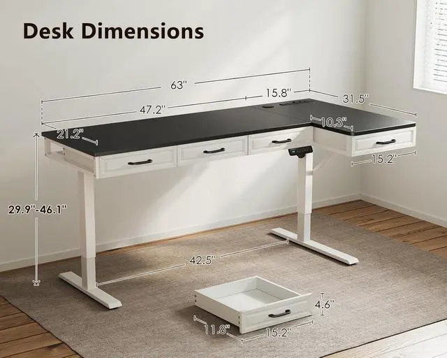 Alt view image 3 of 7 - L Shaped Electric Standing Desk with Wooden Drawers, 63 Inch Height Adjustable Corner Workstation with Power Outlets, Sit Stand Table for Home, Office, White+Black