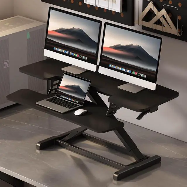 Alt view image 2 of 7 - Standing Desk Converter 42" Extra Large Desk Riser, Spacious Desktop Riser Sit Stand Computer Workstation with Wide Keyboard Tray, Ergonomic Height Adjustable Stand Up Desk Converter, Black