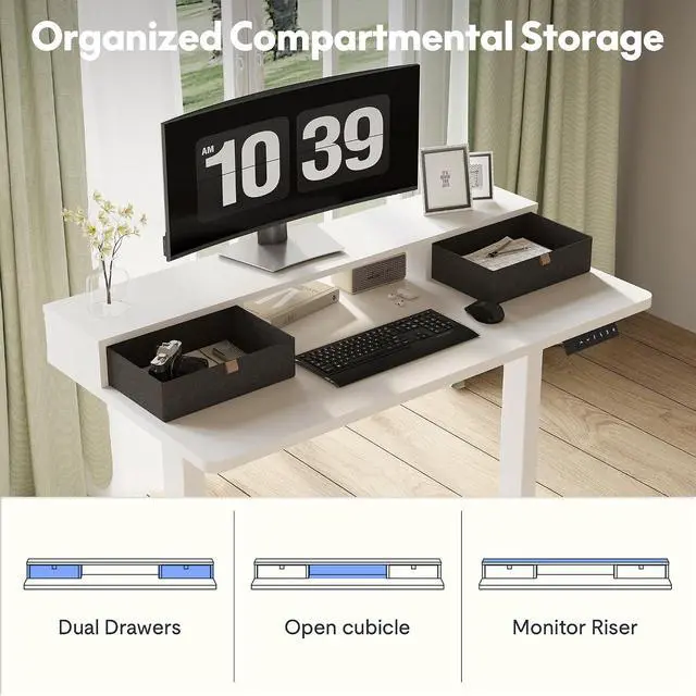 Alt view image 4 of 7 - Electric Standing Desk with Drawer, Solid One-Piece Adjustable Height Desk with Storage Shelf, Ergonomic Monitor Stand for Computer Laptop (White Frame/White Top, 48 inch)