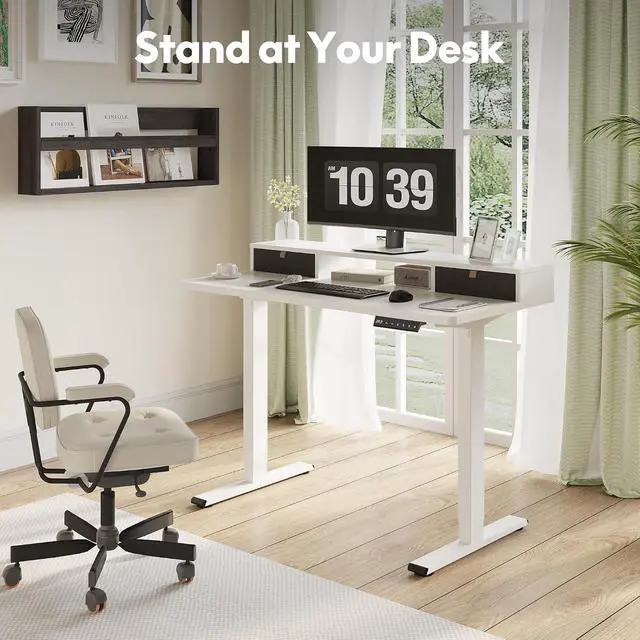 Alt view image 5 of 7 - Electric Standing Desk with Drawer, Solid One-Piece Adjustable Height Desk with Storage Shelf, Ergonomic Monitor Stand for Computer Laptop (White Frame/White Top, 48 inch)