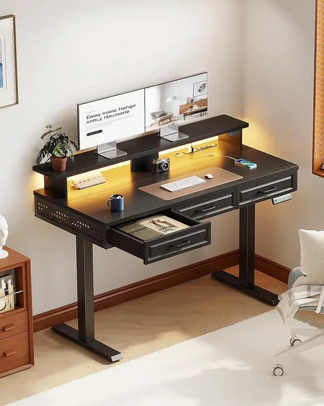 Alt view image 2 of 7 - Electric Standing Desk with 3 Wooden Drawers, 48 Inch Height Adjustable Desk with Power Outlets & LED Lights, Black Sit Stand Table with Monitor Stand for Home, Office, Workstation