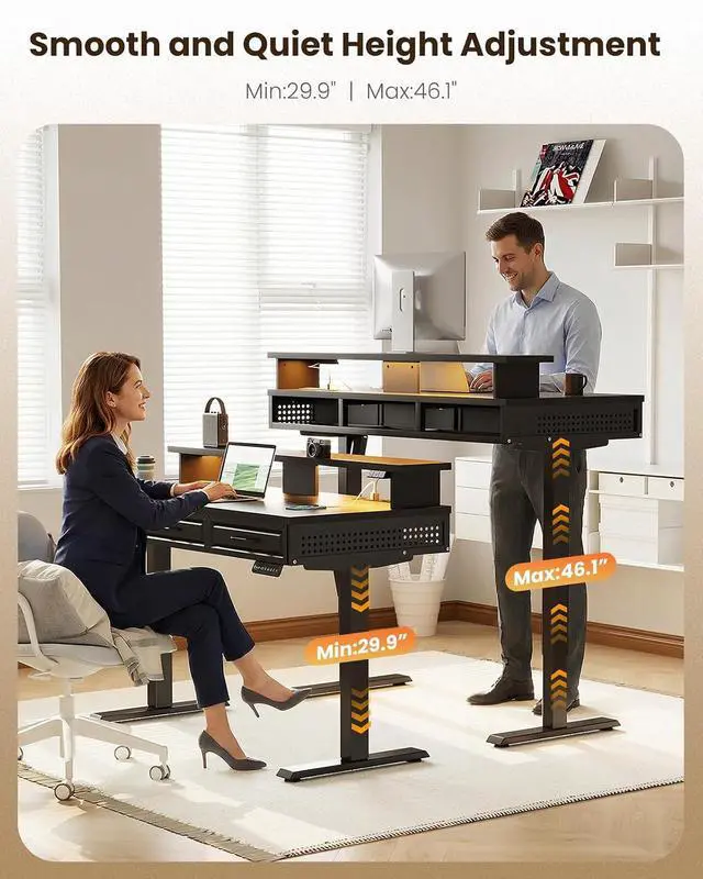 Alt view image 4 of 7 - Electric Standing Desk with 3 Wooden Drawers, 48 Inch Height Adjustable Desk with Power Outlets & LED Lights, Black Sit Stand Table with Monitor Stand for Home, Office, Workstation
