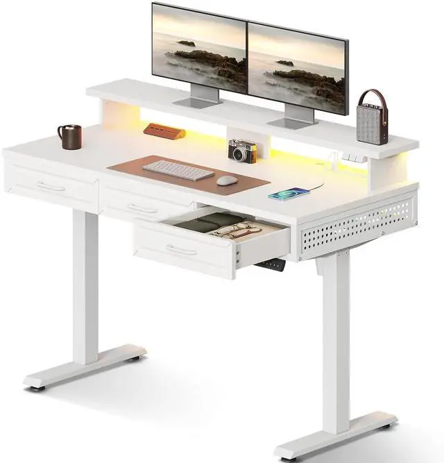 Main image of Electric Standing Desk with 3 Wooden Drawers, 48 Inch Height Adjustable Desk with Power Outlets & LED Lights, White Sit Stand Table with Monitor Stand for Home, Office, Workstation