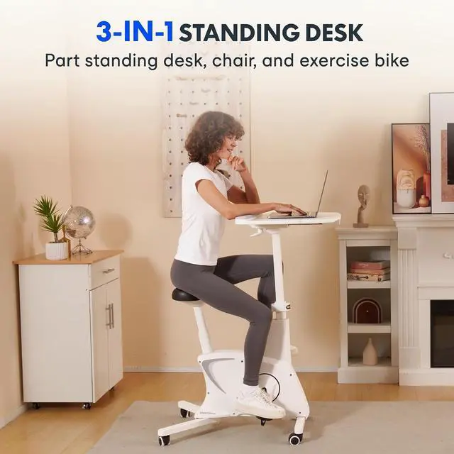 Alt view image 3 of 7 - 3-in-1 Small Standing Desk with Wheels Exercise Bike Small Computer Desk for Laptop, Adjustable Height,2D Desktop,8-Level Resistance, Home Office Desks Workstation for Corner, White