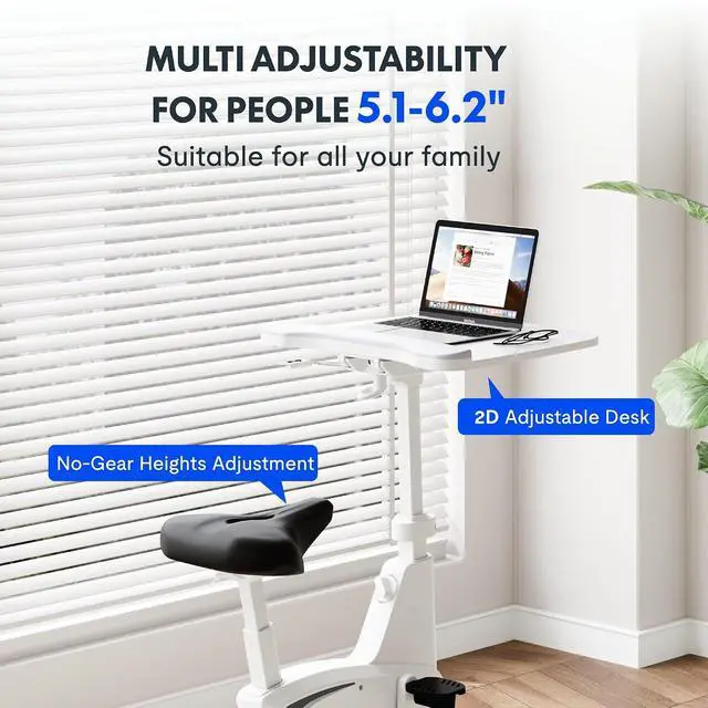 Alt view image 4 of 7 - 3-in-1 Small Standing Desk with Wheels Exercise Bike Small Computer Desk for Laptop, Adjustable Height,2D Desktop,8-Level Resistance, Home Office Desks Workstation for Corner, White
