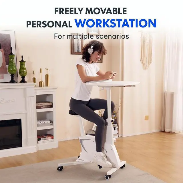Alt view image 6 of 7 - 3-in-1 Small Standing Desk with Wheels Exercise Bike Small Computer Desk for Laptop, Adjustable Height,2D Desktop,8-Level Resistance, Home Office Desks Workstation for Corner, White