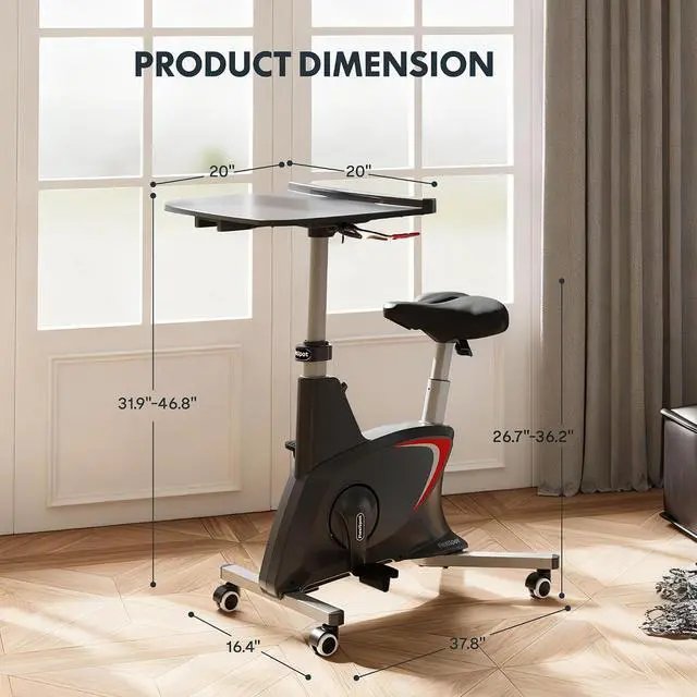 Alt view image 2 of 7 - 3-in-1 Small Standing Desk with Wheels Exercise Bike Movable Computer Desk for Laptop, Adjustable Height,2D Desktop,8-Level Resistance, Home Office Desks Workstation for Corner, Black