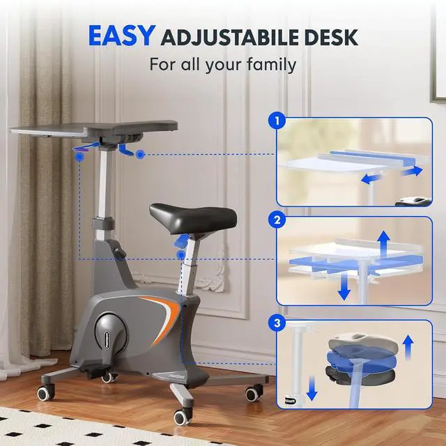 Alt view image 7 of 7 - 3-in-1 Small Standing Desk with Wheels Exercise Bike Movable Computer Desk for Laptop, Adjustable Height,2D Desktop,8-Level Resistance, Home Office Desks Workstation for Corner, Black