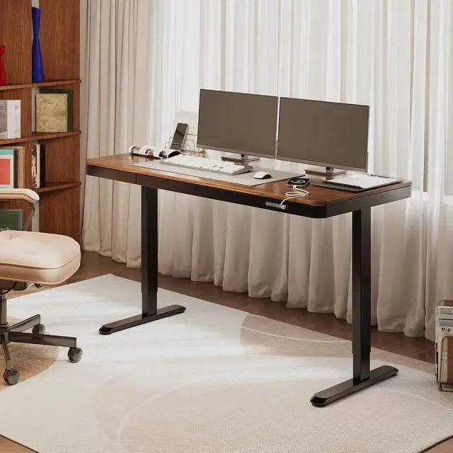 Alt view image 2 of 7 - Comhar 55" Electric Standing Desk with Drawers, Quick Assembly Home Office Sit Stand Desk with Storage & USB Charging, Computer Workstation for Home Office (55" Wood, Dark Walnut/Black)