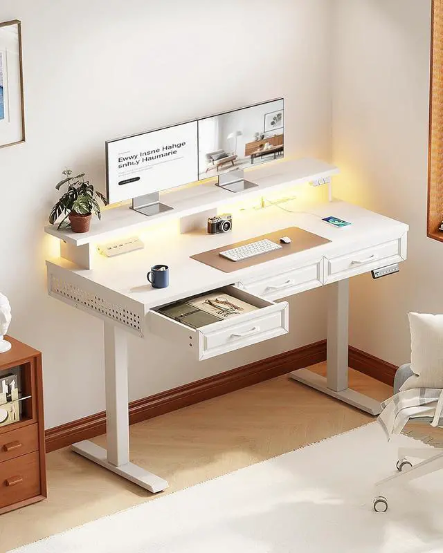 Alt view image 2 of 7 - Electric Standing Desk with 3 Wooden Drawers, 48 Inch Height Adjustable Desk with Power Outlets & LED Lights, White Sit Stand Table with Monitor Stand for Home, Office, Workstation