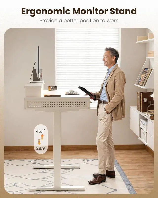 Alt view image 5 of 7 - Electric Standing Desk with 3 Wooden Drawers, 48 Inch Height Adjustable Desk with Power Outlets & LED Lights, White Sit Stand Table with Monitor Stand for Home, Office, Workstation
