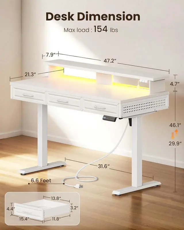Alt view image 7 of 7 - Electric Standing Desk with 3 Wooden Drawers, 48 Inch Height Adjustable Desk with Power Outlets & LED Lights, White Sit Stand Table with Monitor Stand for Home, Office, Workstation