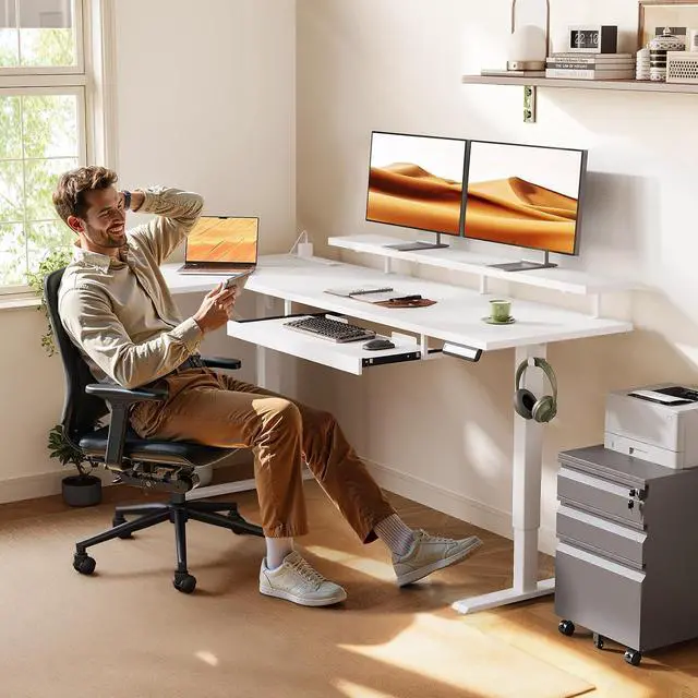 Alt view image 2 of 7 - 63 Inch L Shaped Electric Standing Desk with Keyboard Tray, Reversible Height Adjustable Corner Computer Desk with Monitor Stand, Sit Stand Up Lift Table for Home, Office, White